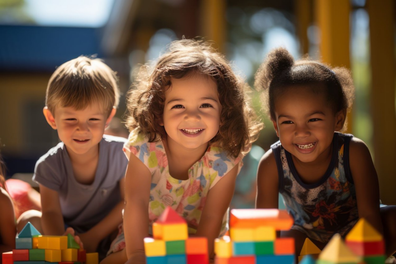 Kindergarten Students Playing With Color Blocks, Generative AI