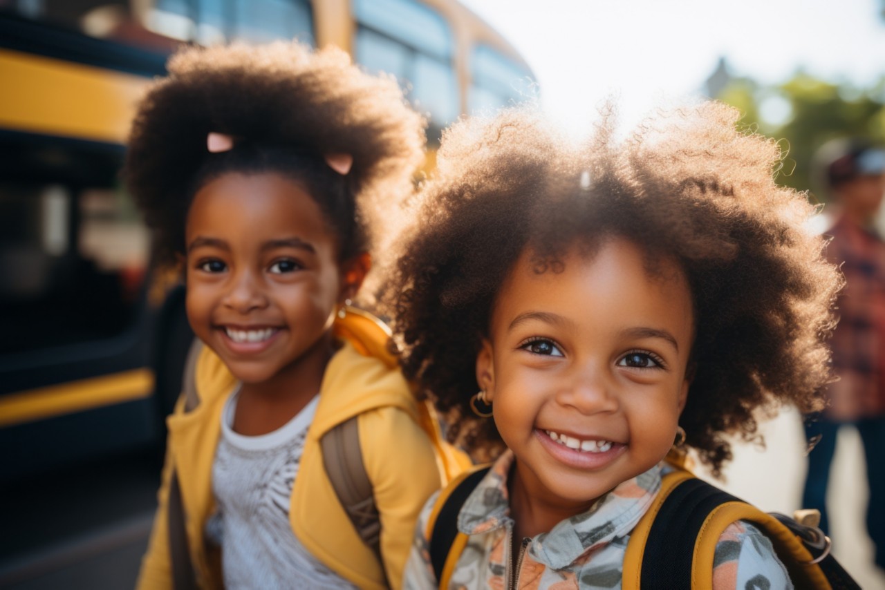 Children or schoolchildren on a blurred background of the bus. Back To School concept. Background with selective focus and copy space