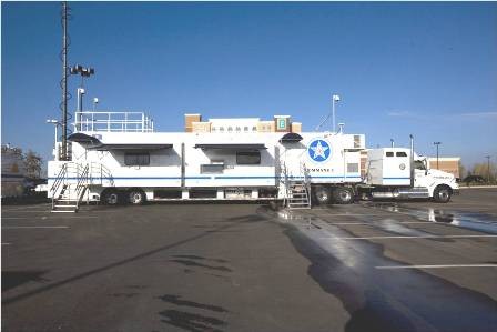 Outside view of a white Mobile Communications and Command Unit