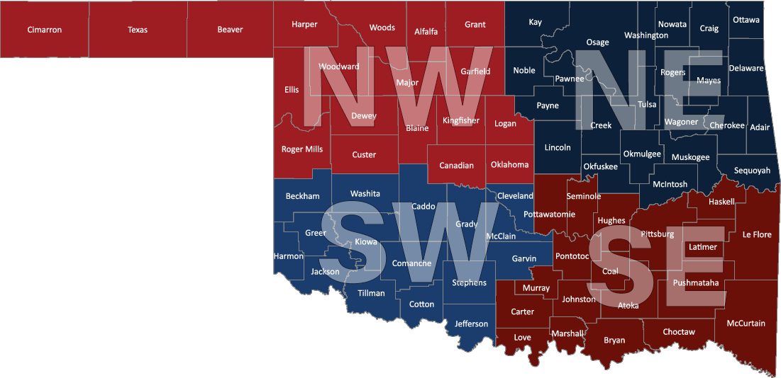 NW, NE, SW, SE Officer of the Year Region Map of Oklahoma - See Region Counties in table