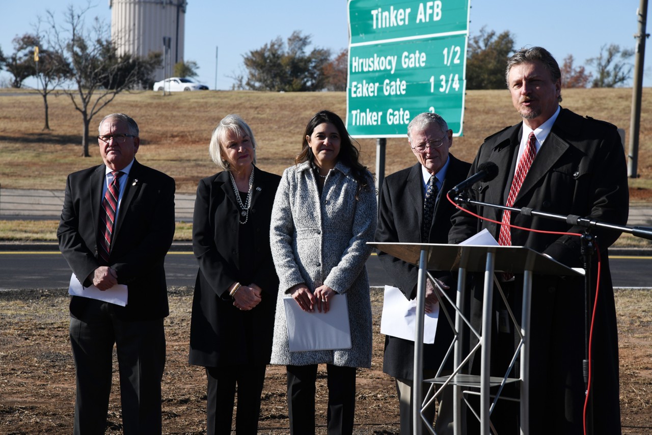 Midwest City Mayor Matt Dukes, state Sen. Brenda Stanley, U.S. Congresswoman Stephanie Bice, U.S. Sen. James Inhofe and Secretary of Transportation Tim Gatz gave remarks Tuesday at the groundbreaking ceremony for U.S. Sen. James Inhofe Interchange at I-40 and Douglas Blvd. in Midwest City.