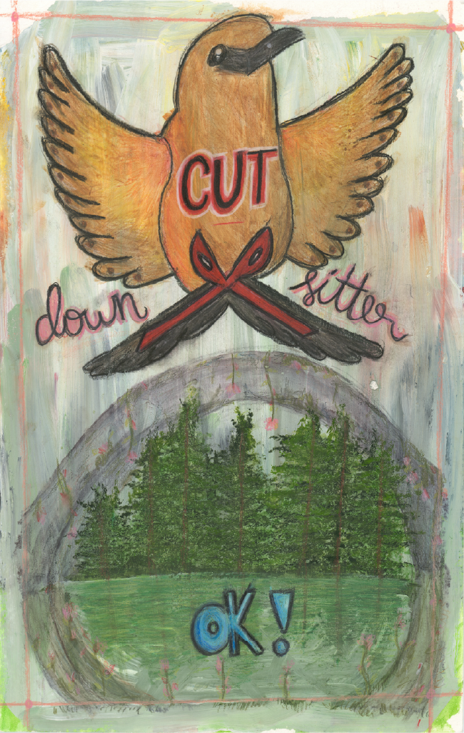 Bird above a forest with text, "cut down litter OK!"