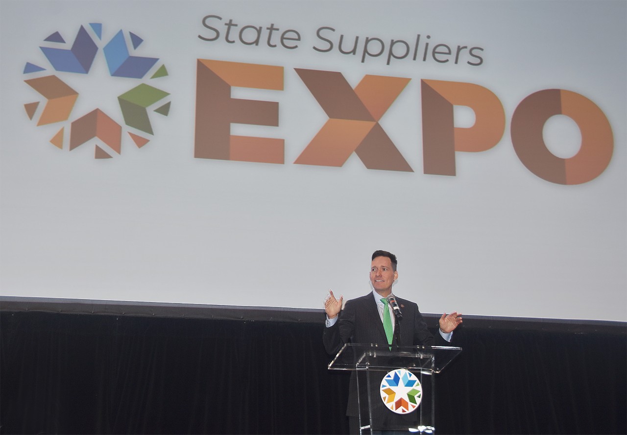 Lt. Gov. Matt Pinnell speaking on ballroom stage