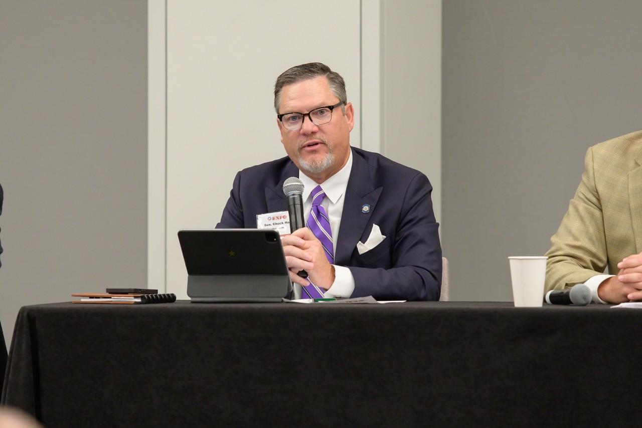 Sen. Chuck Hall looks at camera during the legislative panel.